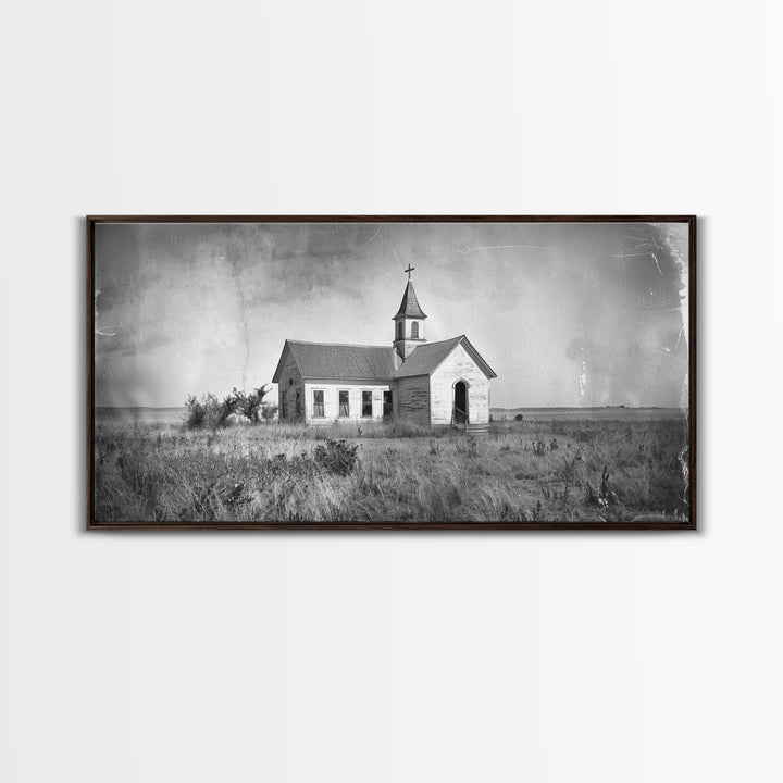 Vintage Country Church in Open Field, Framed Canvas Print for Living Room Decor, Perfect Bedroom Art, Rustic Western Wall Art