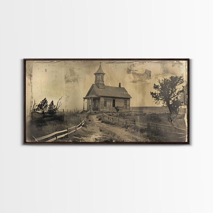 Old Country Church with Fenced Path, Framed Canvas Print for Living Room Decor, Perfect Bedroom Wall Art, Vintage Western Scene