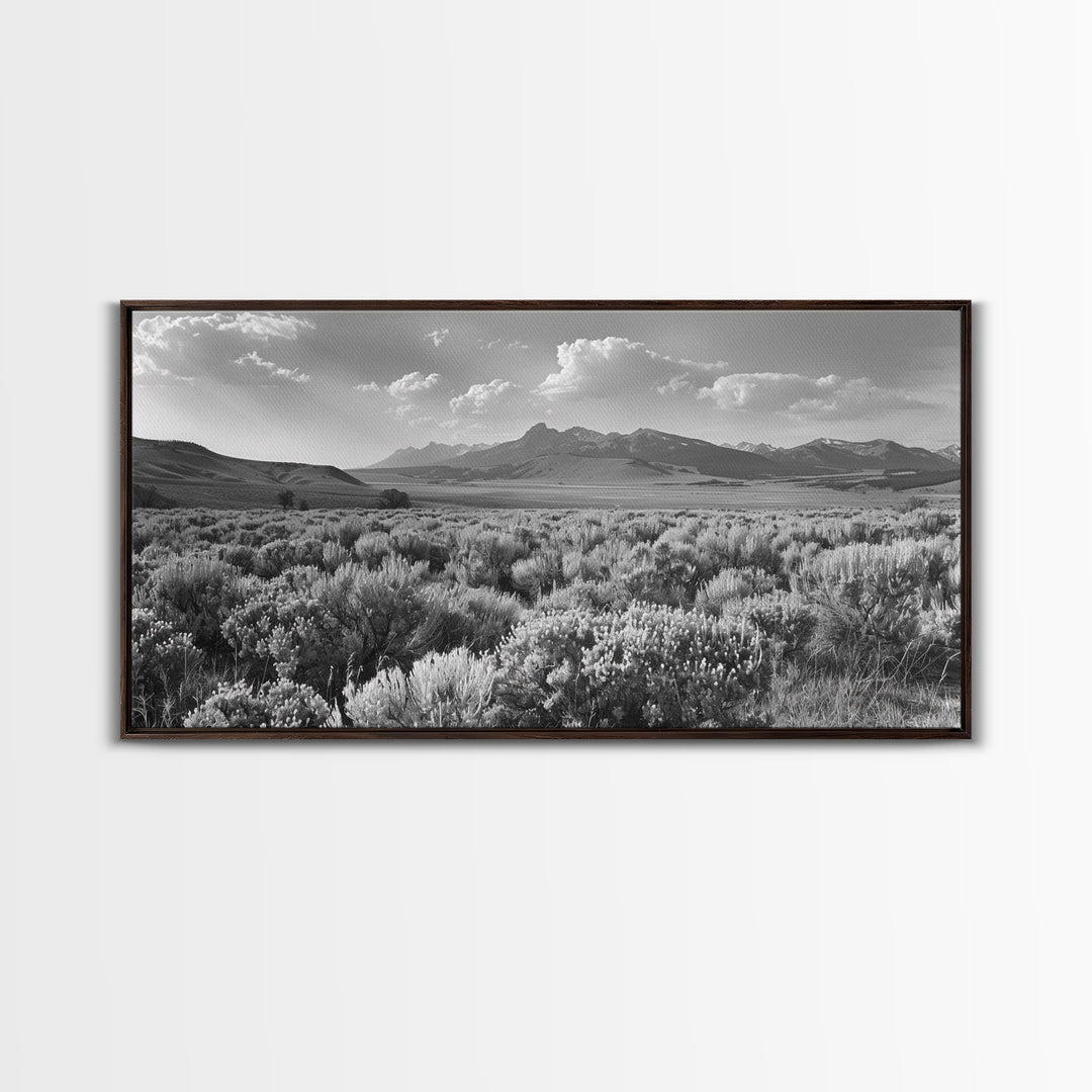 Mountain Range with Rolling Hills and Sagebrush, Framed Canvas Print Farmhouse Living Room Wall Art, Rustic Home Decor, Scenic Landscape Art