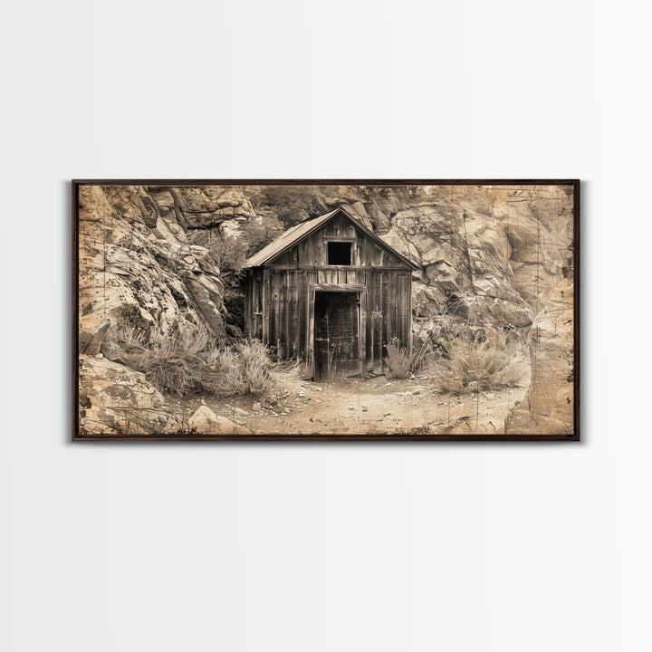Old Wooden Shack in Rocky Terrain, Farmhouse Style Framed Canvas Print for Bedroom Art, Historical Home Decoration, Rustic Wall Art Piece