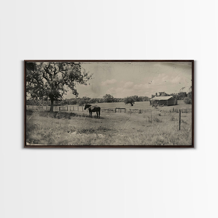 Horse Grazing in Pasture by Farmhouse, Antique Style Framed Canvas Print Country Living Room Decor, Rustic Farmhouse Wall Art, Nature Scene