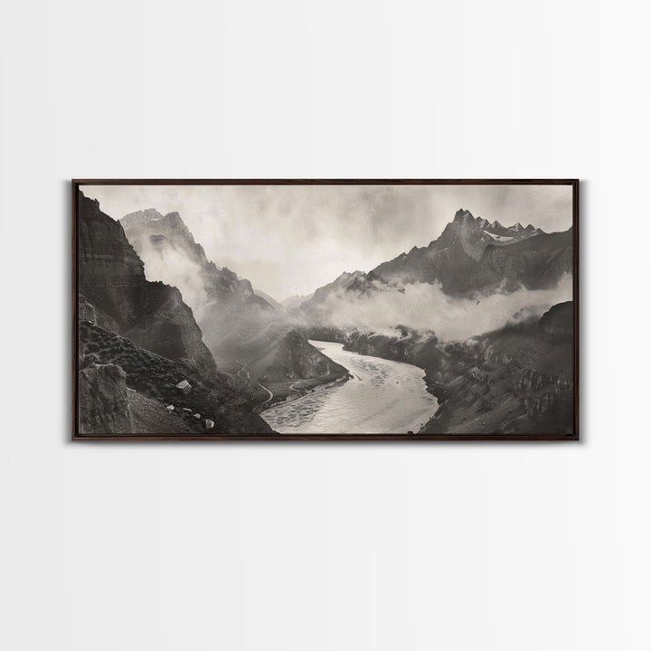 River Flowing through Mountain Valley, Black and White Framed Canvas Print for Farmhouse Bedroom Wall Art, Home Decoration, Scenic Nature