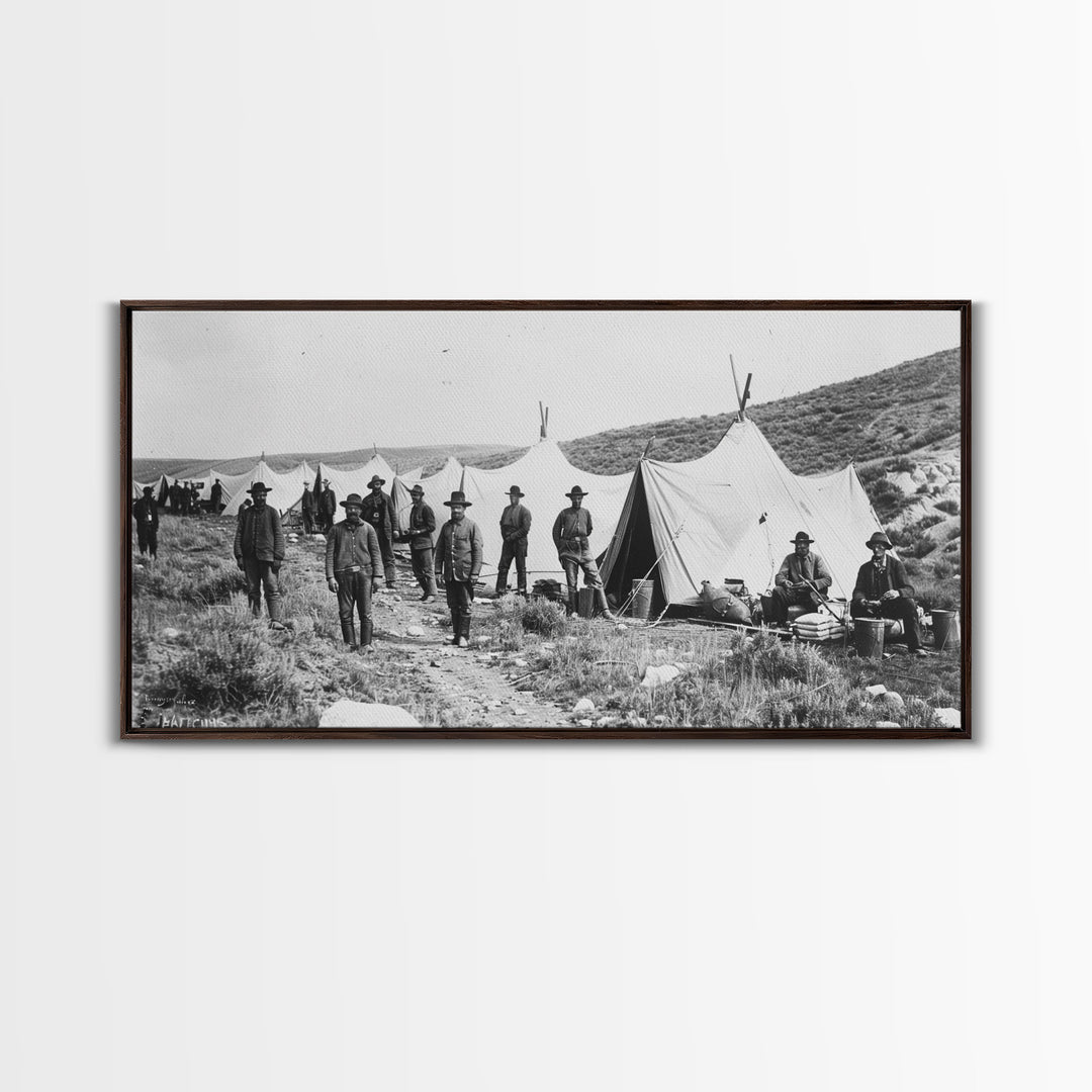 Military Camp with Tents and Soldiers, Farmhouse Style Framed Canvas Print for Historical Home Decor, Living Room Wall Art, Vintage Scene