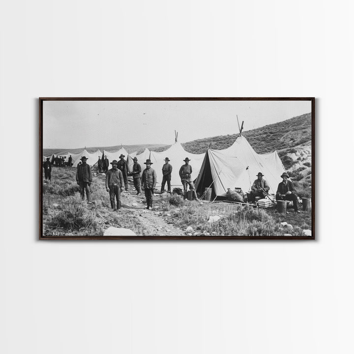 Military Camp with Tents and Soldiers, Farmhouse Style Framed Canvas Print for Historical Home Decor, Living Room Wall Art, Vintage Scene