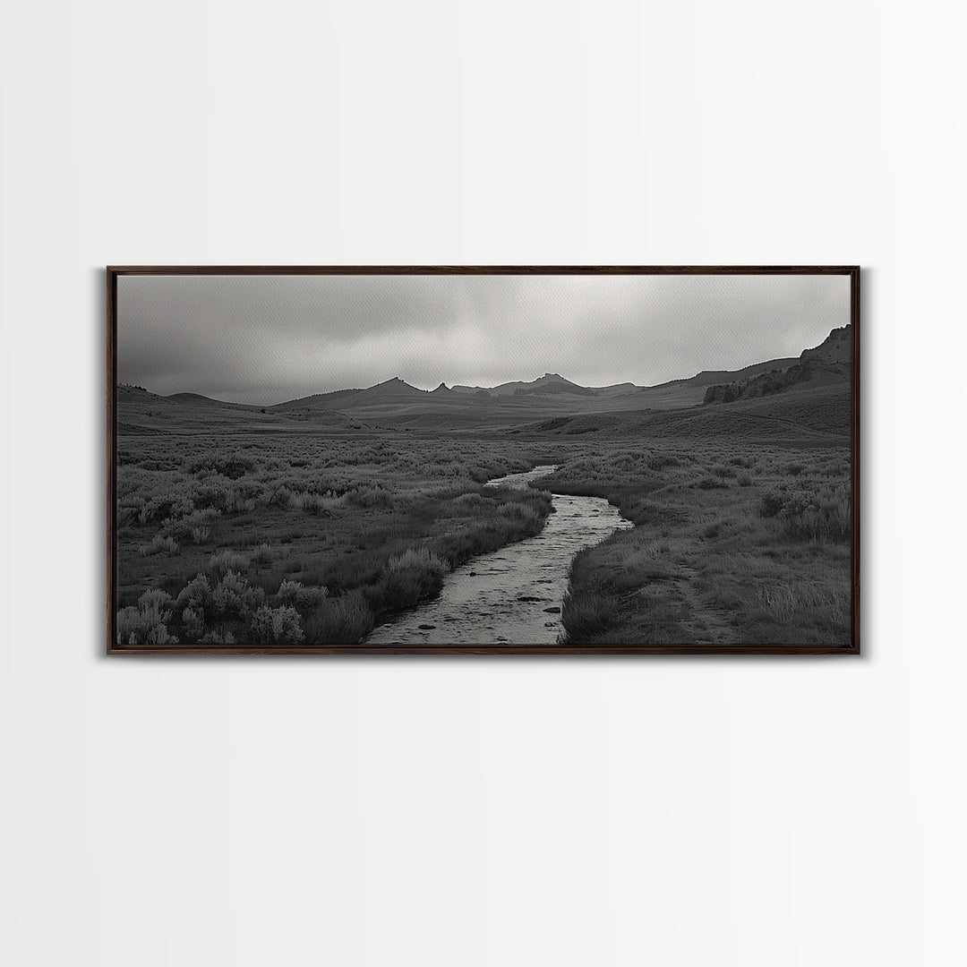 River and Rolling Hills Under Cloudy Sky, Black and White Framed Canvas Print Rustic Farmhouse Living Room Decor, Landscape Art, Home Decor