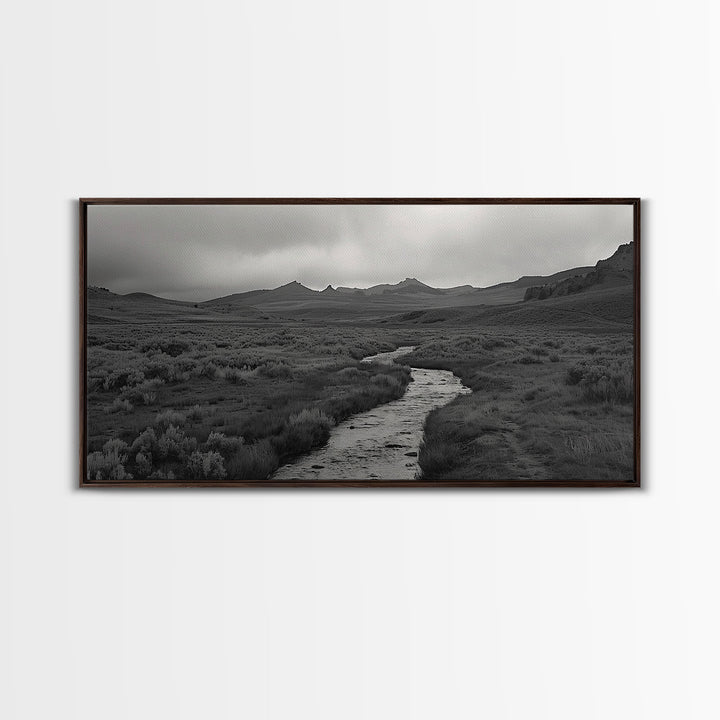 River and Rolling Hills Under Cloudy Sky, Black and White Framed Canvas Print Rustic Farmhouse Living Room Decor, Landscape Art, Home Decor