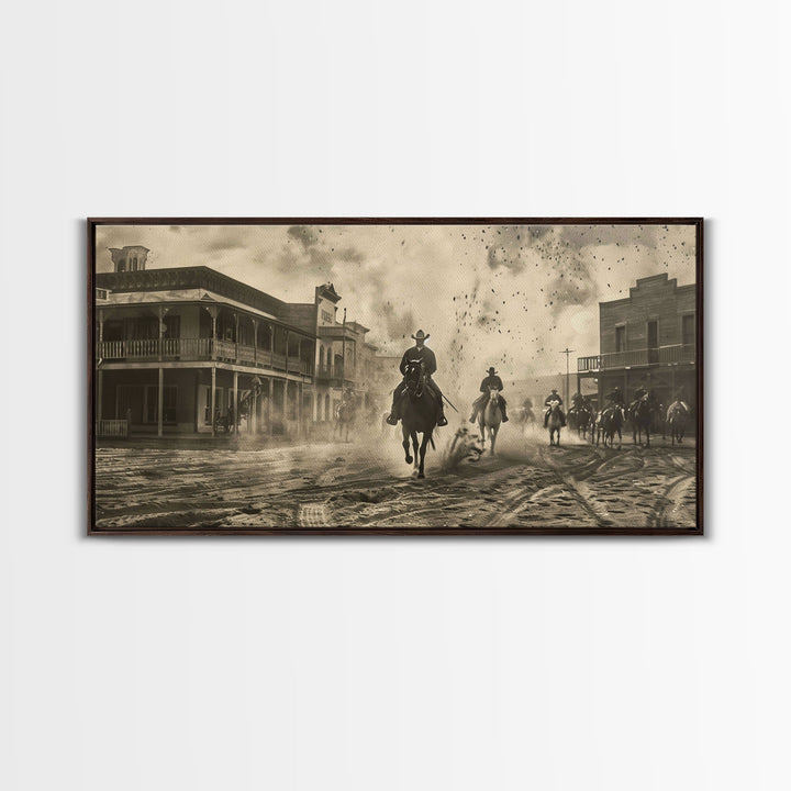 Cowboys Riding into Town, Vintage Framed Canvas Print Farmhouse Living Room Wall Art, Rustic Home Decor, Western Scene, Historical Art Piece