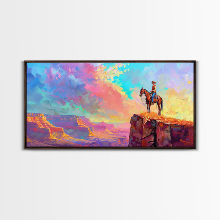 Cowboy on Horse with Colorful Sunset Sky, Farmhouse Style Framed Canvas Print for Living Room Wall Art, Vibrant Home Decor, Western Art