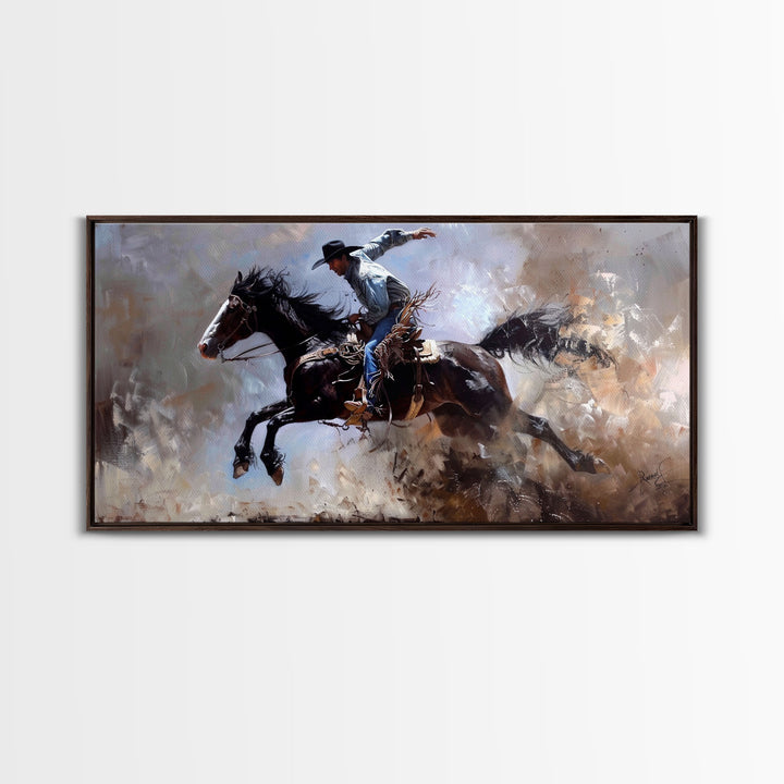 Colorful Cowboy Riding Horse in Dust, Farmhouse Style Framed Canvas Print for Living Room Wall Art, Vibrant Home Decor, Western Action Art