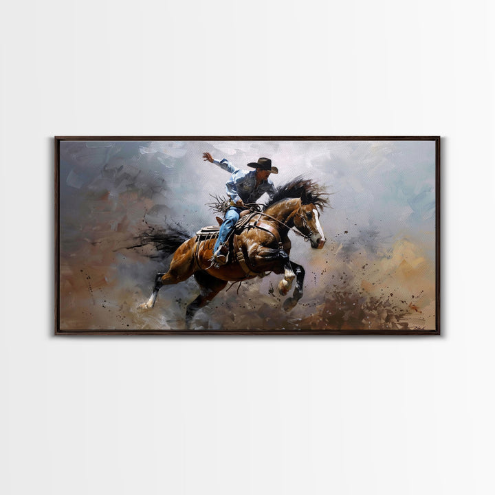 Colorful Rodeo Rider in Action on Framed Canvas Print, Perfect for Rustic Living Room Art, Western Bedroom Decor, Cowboy Wall Art