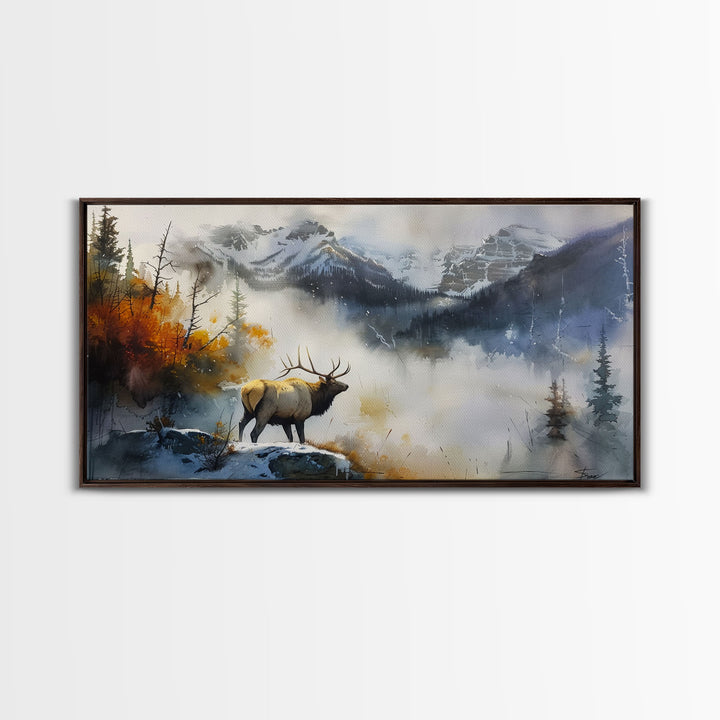 Majestic Elk in Misty Mountains, Framed Canvas Print, Perfect for Living Room Art, Rustic Bedroom Decor, Nature Wall Art, Wildlife Scene