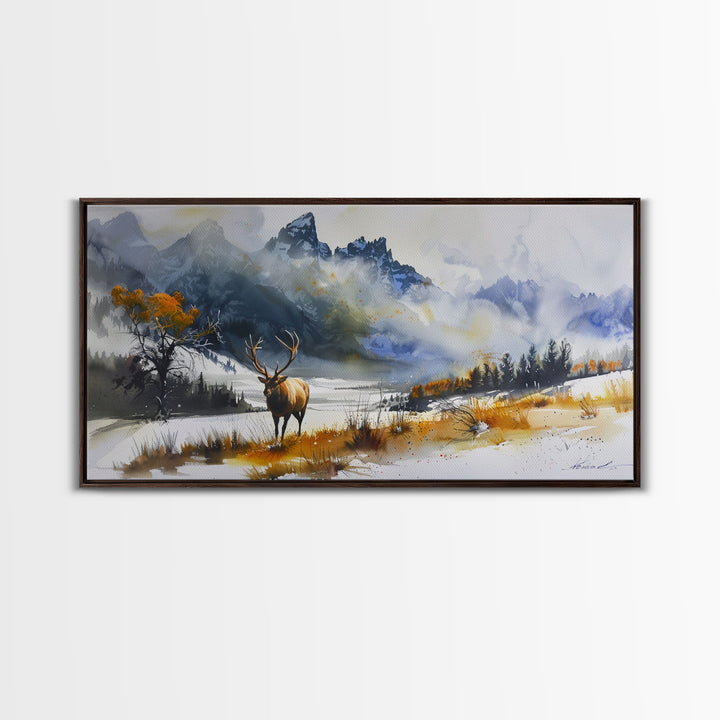 Majestic Elk in Snowy Mountain Scene, Beautiful Framed Canvas Print,for Living Room Art Rustic Bedroom Decor Nature Wall Art, Wildlife Scene