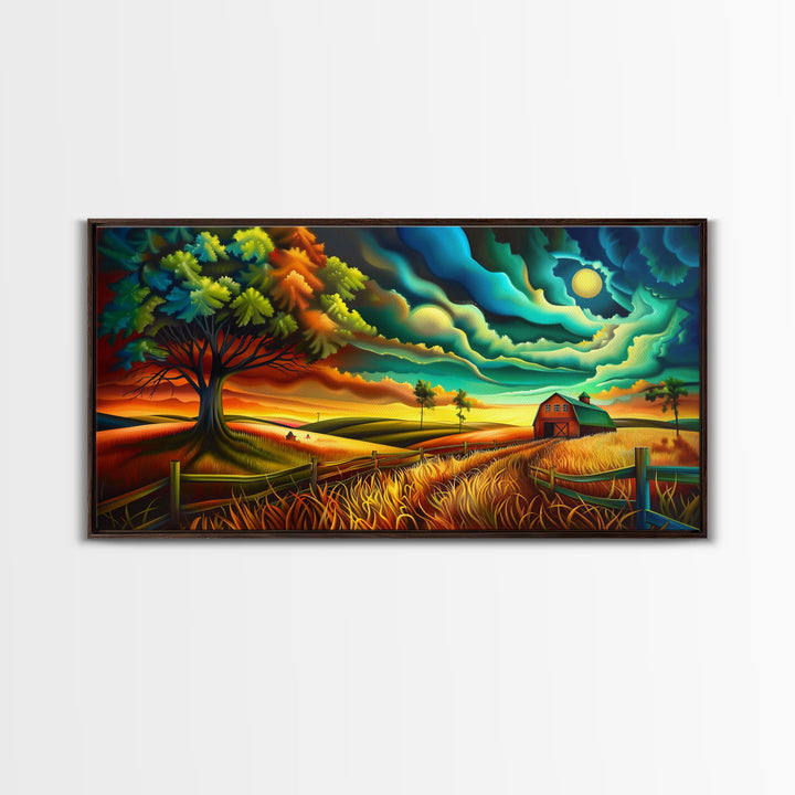 Vivid Abstract Farm Landscape with Dramatic Sky, Perfect Wall Art, Framed Canvas Print for Living Room or Bedroom Decor, Colorful Nature Art