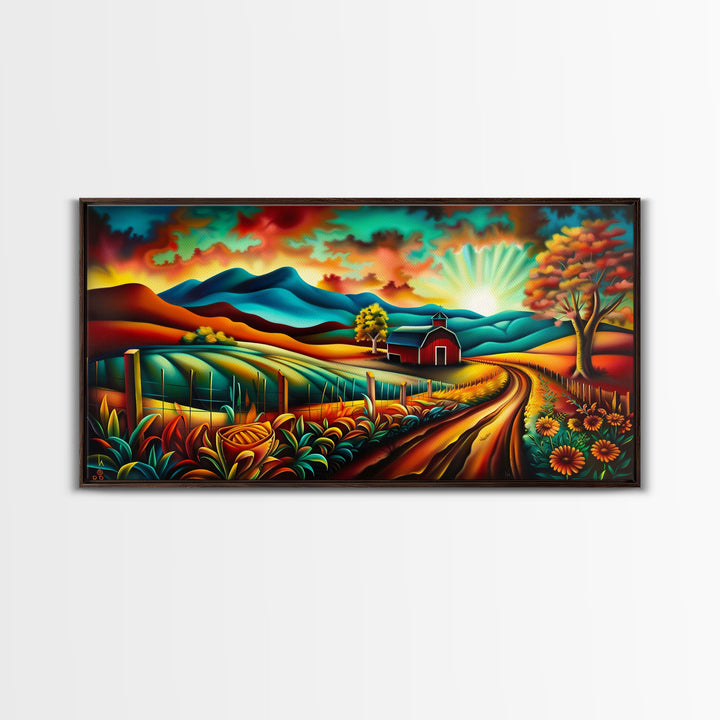 Colorful Farm Scene with Sunrise Over Mountains, Perfect Wall Art, Framed Canvas Print for Living Room or Bedroom Decor, Vibrant Nature Art
