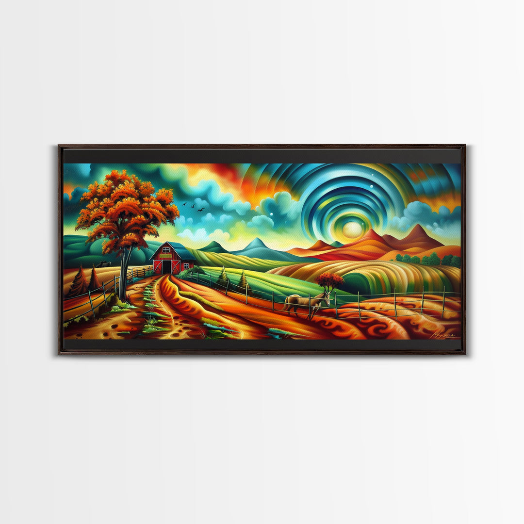 Colorful Abstract Farm Landscape with Rolling Hills, Perfect Wall Art, Framed Canvas Print Living Room or Bedroom Decor, Vibrant Nature Art