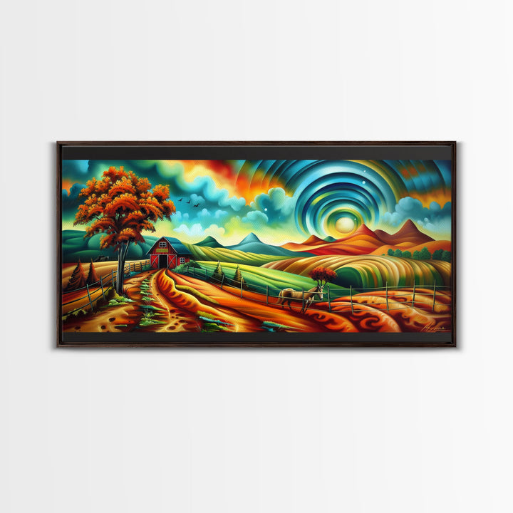 Colorful Abstract Farm Landscape with Rolling Hills, Perfect Wall Art, Framed Canvas Print Living Room or Bedroom Decor, Vibrant Nature Art