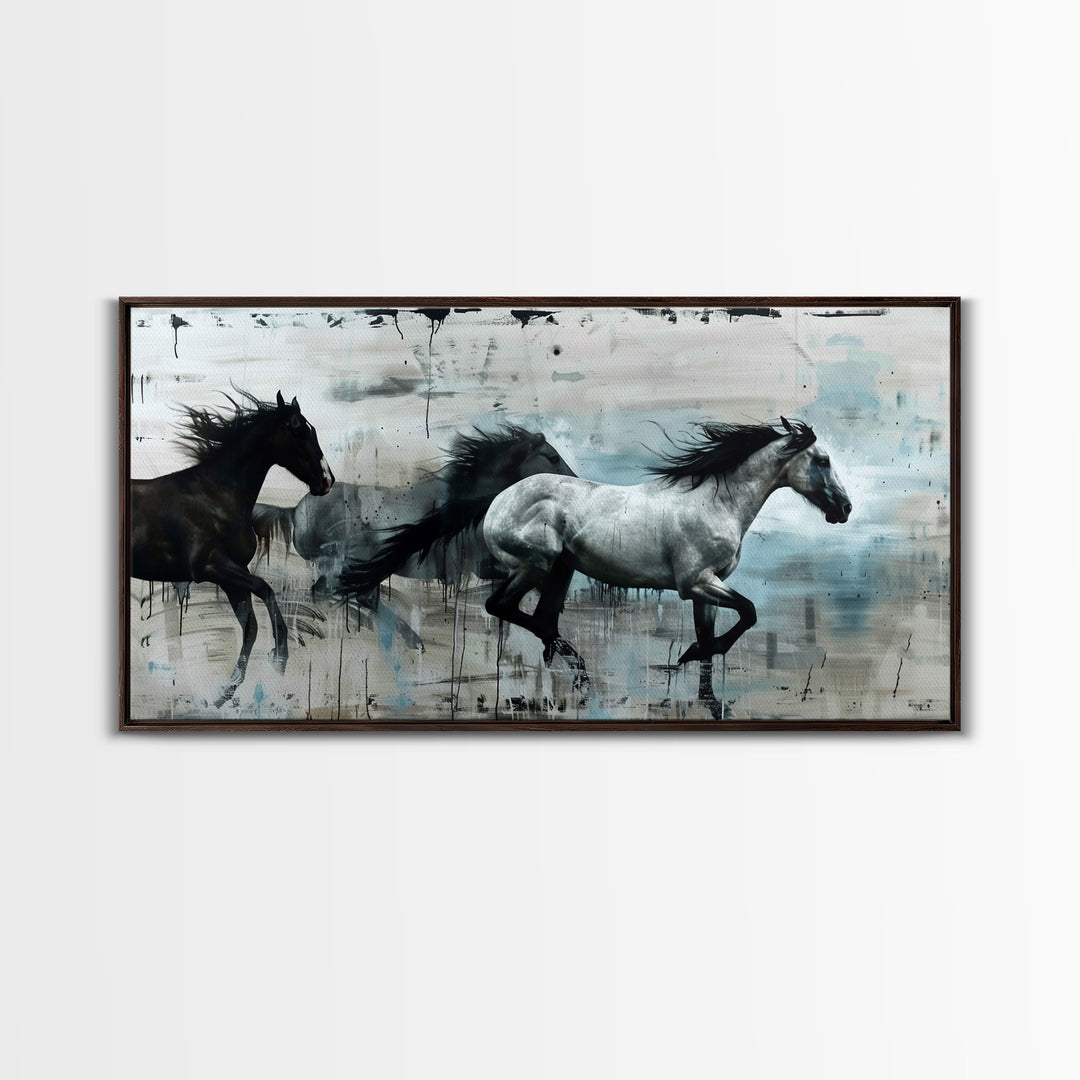 Black and White Horses Running in Abstract Landscape, Ideal Wall Art, Framed Canvas Print for Living Room or Bedroom Decor, Colorful Art