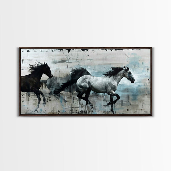 Black and White Horses Running in Abstract Landscape, Ideal Wall Art, Framed Canvas Print for Living Room or Bedroom Decor, Colorful Art