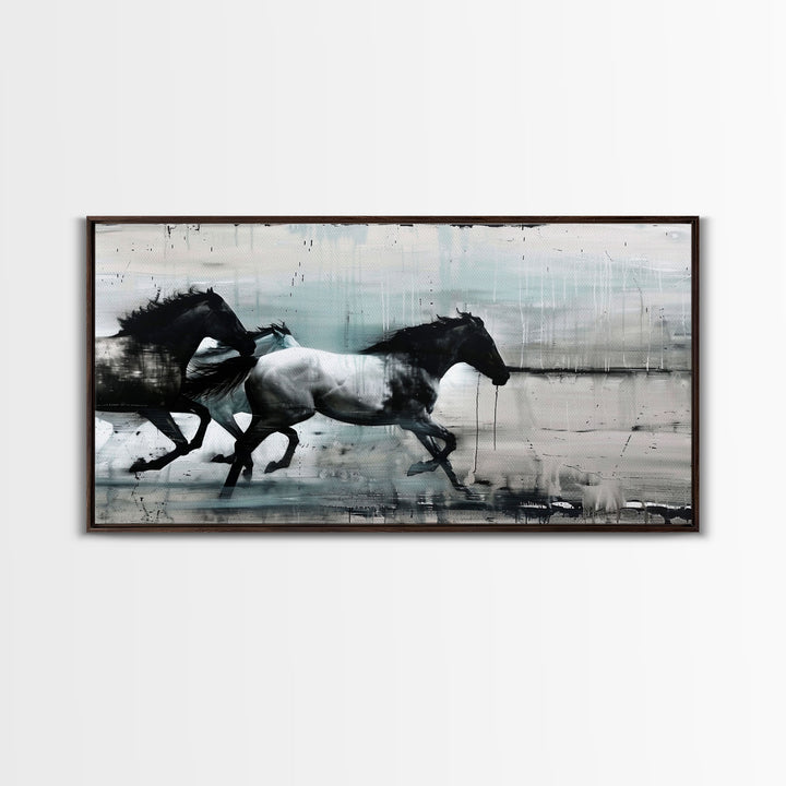 Colorful Abstract Horses Running, Black and White Wall Art, Framed Canvas Print for Living Room or Bedroom Decor, Equestrian Art
