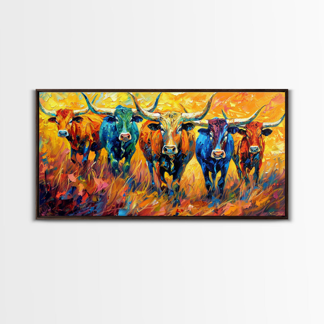 Colorful Herd of Cattle, Ideal for Living Room Art, Framed Canvas Print, Bedroom Decor, Home Decoration, Rustic Farmhouse Art