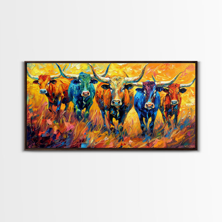 Colorful Herd of Cattle, Ideal for Living Room Art, Framed Canvas Print, Bedroom Decor, Home Decoration, Rustic Farmhouse Art