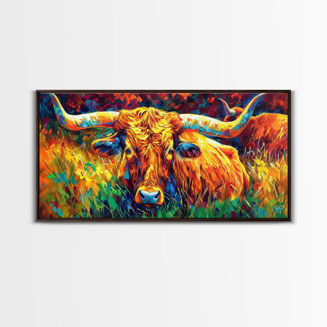 Herd of Cattle in Bright Colors, Ideal for Living Room Art, Framed Canvas Print, Bedroom Decor, Home Decoration, Contemporary Farmhouse Art