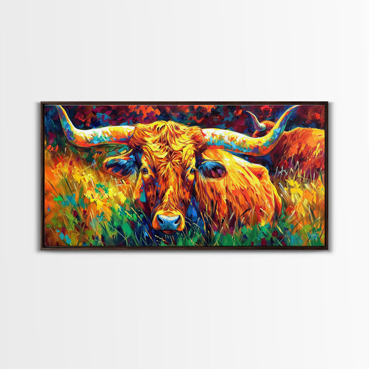 Herd of Cattle in Bright Colors, Ideal for Living Room Art, Framed Canvas Print, Bedroom Decor, Home Decoration, Contemporary Farmhouse Art