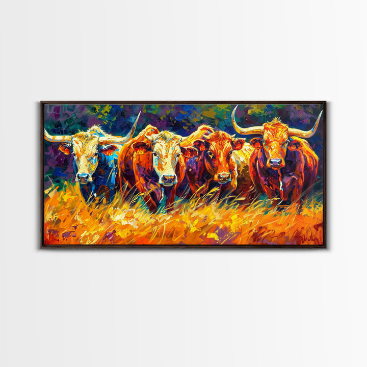 Bold and Colorful Bull Portrait, Perfect for Living Room Art, Framed Canvas Print, Bedroom Decor, Home Decoration, Vibrant Animal Art