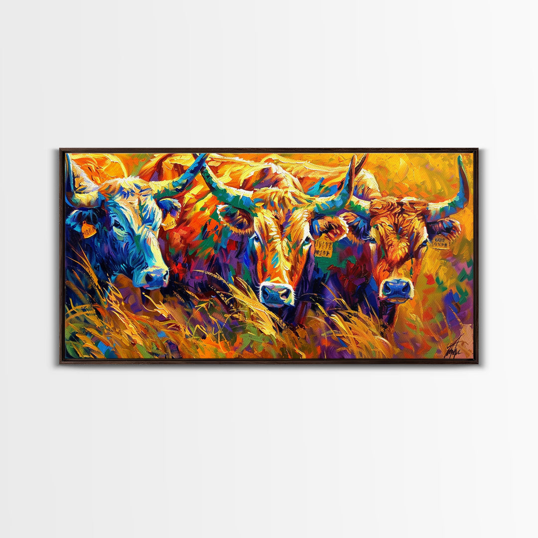 Expressive Cattle in Bright Colors, Ideal for Living Room Art, Framed Canvas Print, Bedroom Decor, Home Decoration, Unique Farmhouse Decor
