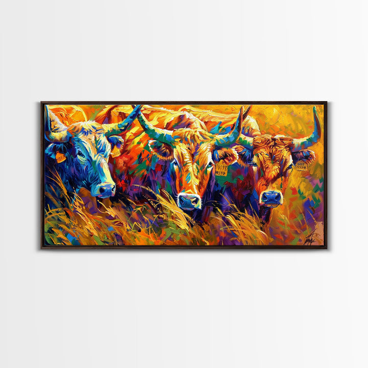 Expressive Cattle in Bright Colors, Ideal for Living Room Art, Framed Canvas Print, Bedroom Decor, Home Decoration, Unique Farmhouse Decor