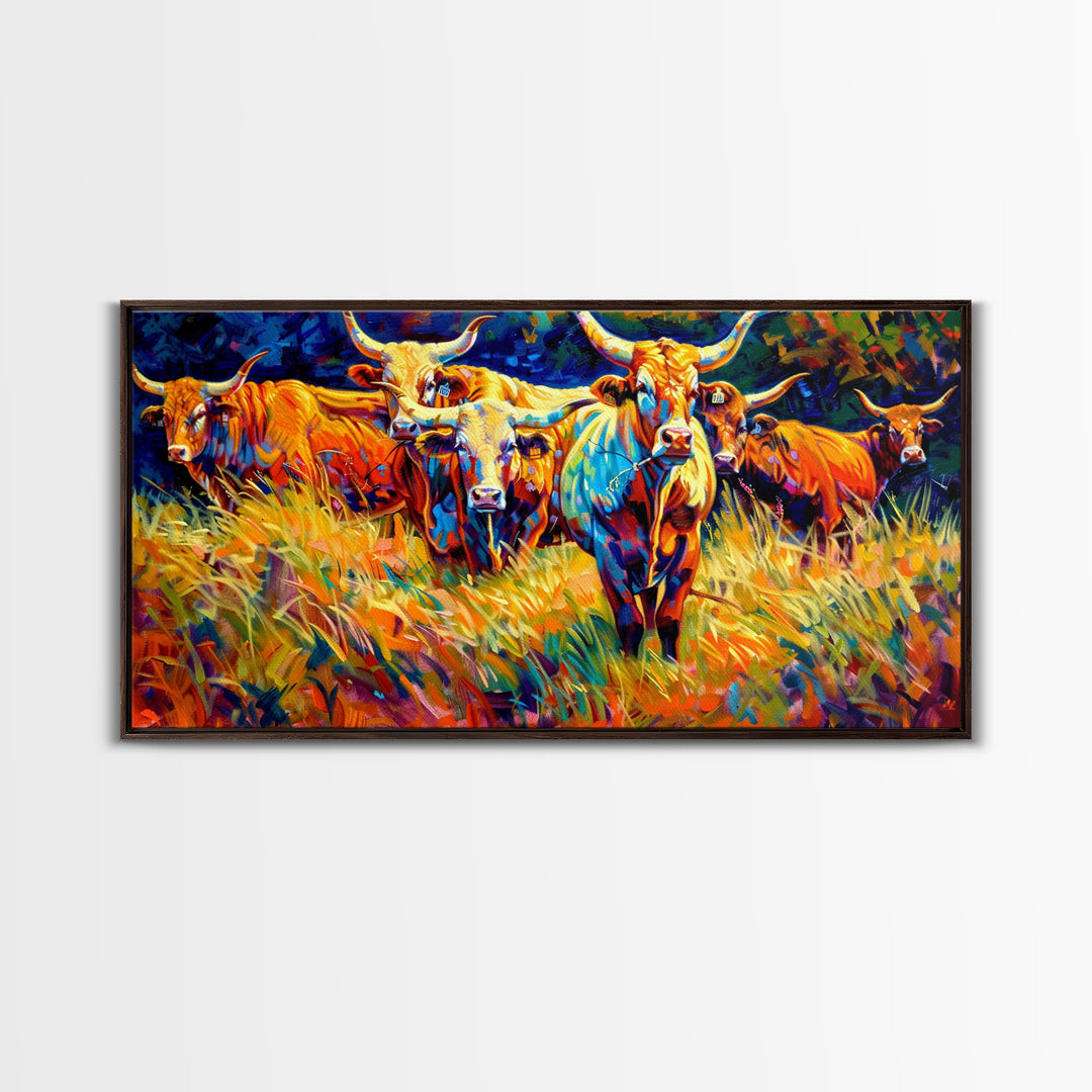 Beautiful Herd of Cattle in Colorful Style, Living Room Art, Framed Canvas Print, Bedroom Decor, Home Decoration, Artistic Farmhouse Decor