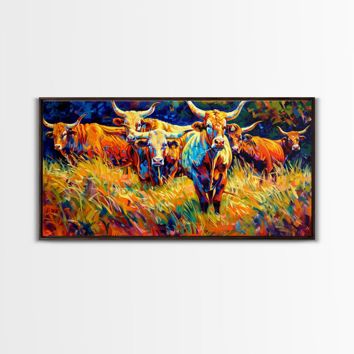 Beautiful Herd of Cattle in Colorful Style, Living Room Art, Framed Canvas Print, Bedroom Decor, Home Decoration, Artistic Farmhouse Decor
