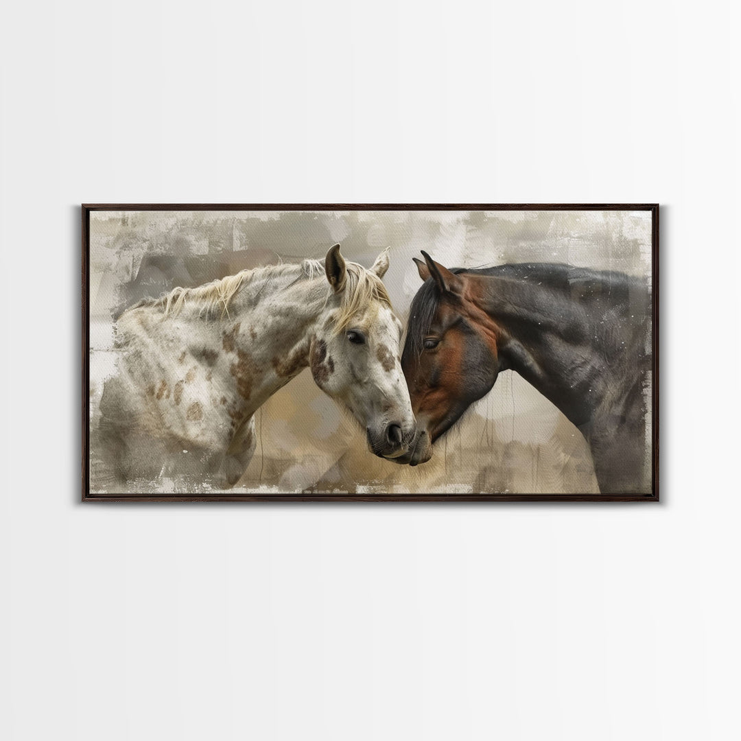 Horse Pair in Artistic Setting, Framed Canvas Print for Elegant Living Room Decor, Equine Art for Home and Bedroom Decoration