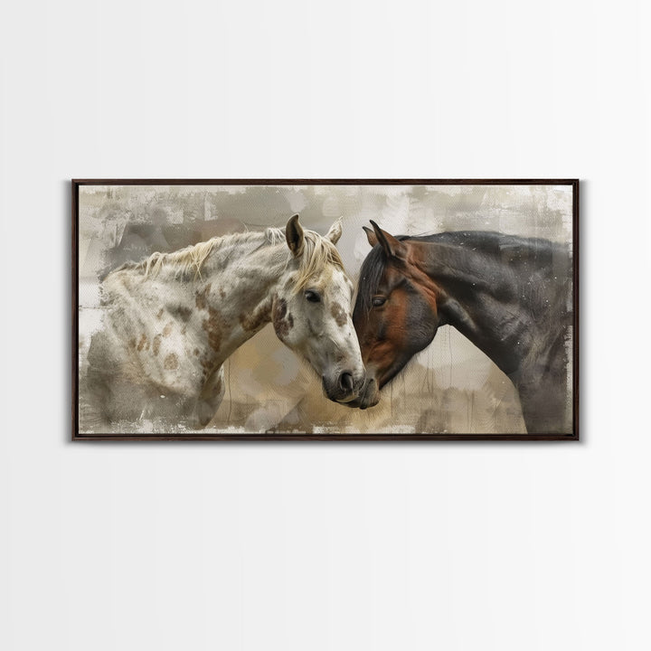 Horse Pair in Artistic Setting, Framed Canvas Print for Elegant Living Room Decor, Equine Art for Home and Bedroom Decoration