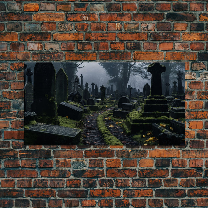 Moss Covered Cemetary, Haunted Graveyard Photography, Halloween Decor, Framed Canvas Print, Halloween Wall Art