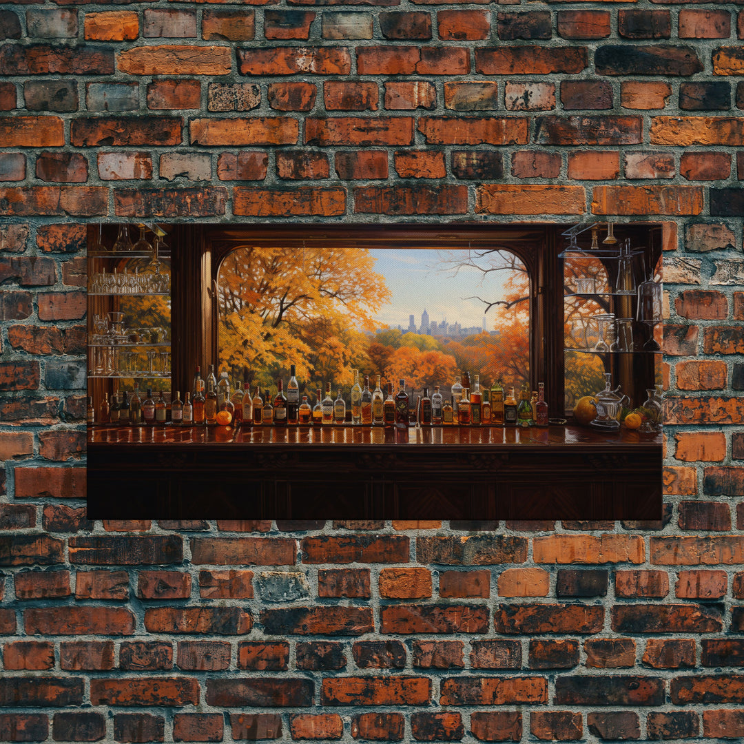 Fall Bar Decor Framed Canvas Print, Oil Painting Of A Vintage Tavern In The Fall, Fall Centerpiece, Fall Decor, Fall Leaves, Bar Cart Art