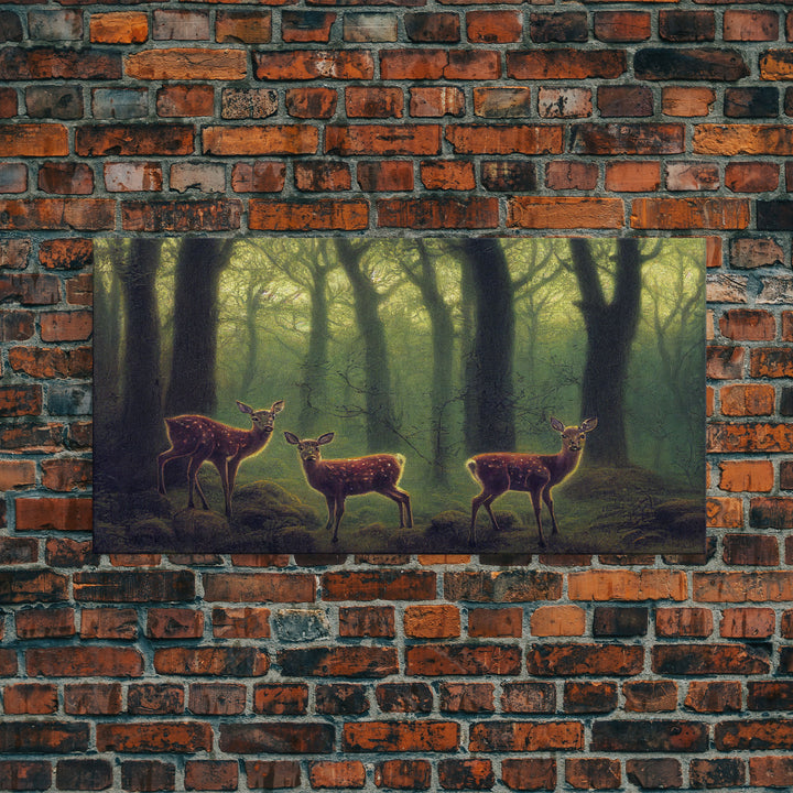 Does in a majestic forest, whitetail deer art, framed canvas print, ready to hang framed wall art
