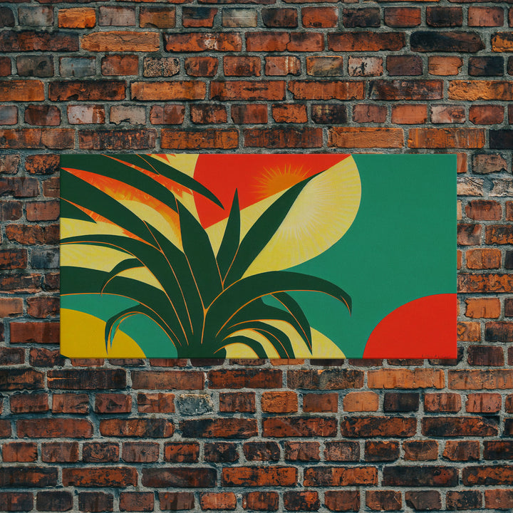 Midcentury Style Art Deco Palm Leaf, Framed Canvas Print, Framed Art, Wall Decor, Palm Tree, Tropical Art, green and gold art