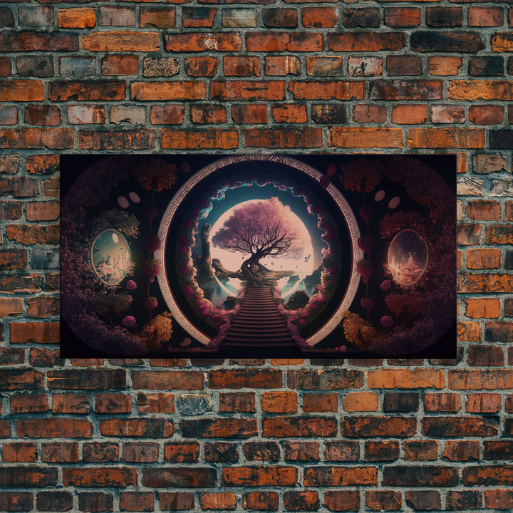Stairway to a magical forest, fantasy concept art, framed canvas print, colorful wall decor, portal to another world