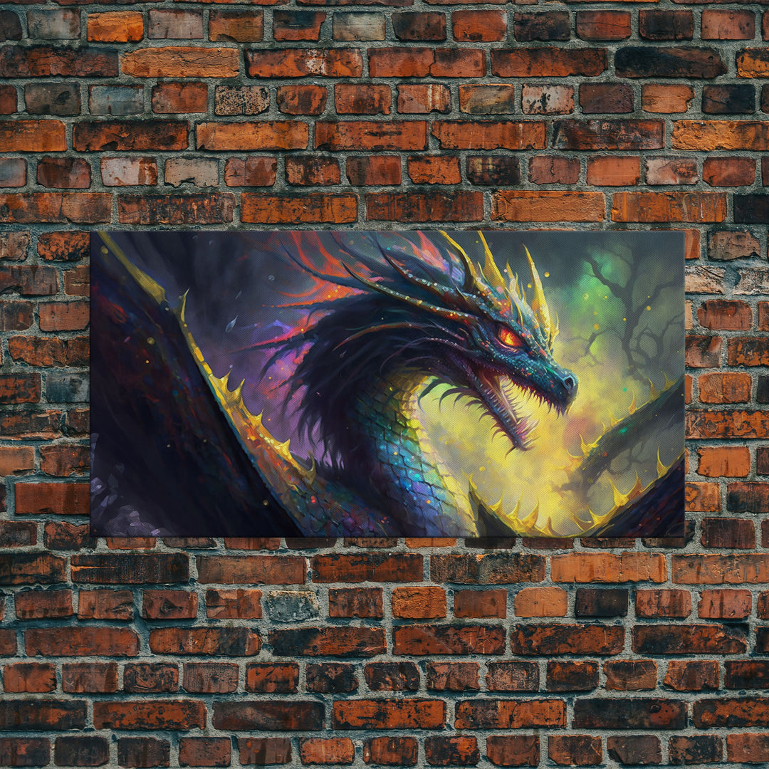 Psychedelic Fire Breathing Horned Dragon, Framed Canvas Print, Colorful Fantasy Wall Art, Videogame Concept Decor