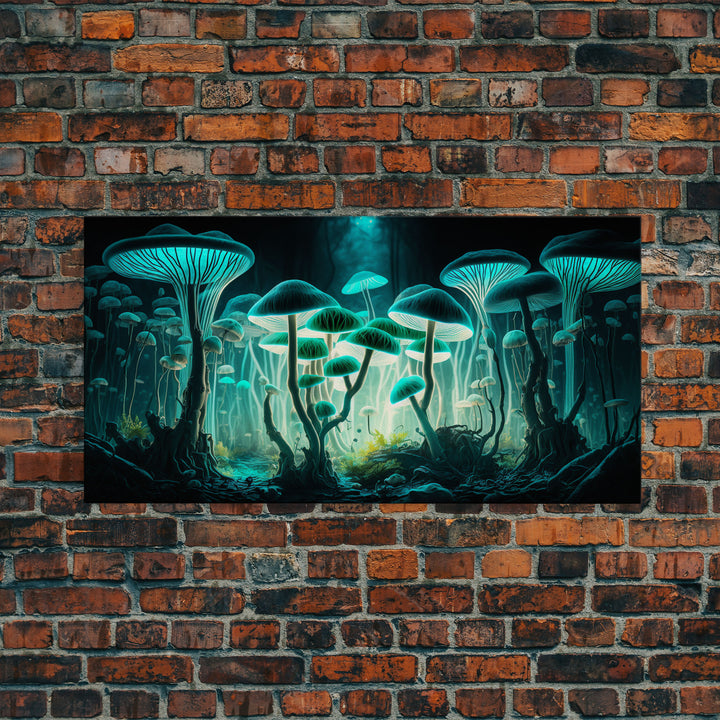 The Forest Floor, Framed Canvas Print, Glowing Mushrooms, Bioluminescent Mushroom Art, Color fantasy wall art