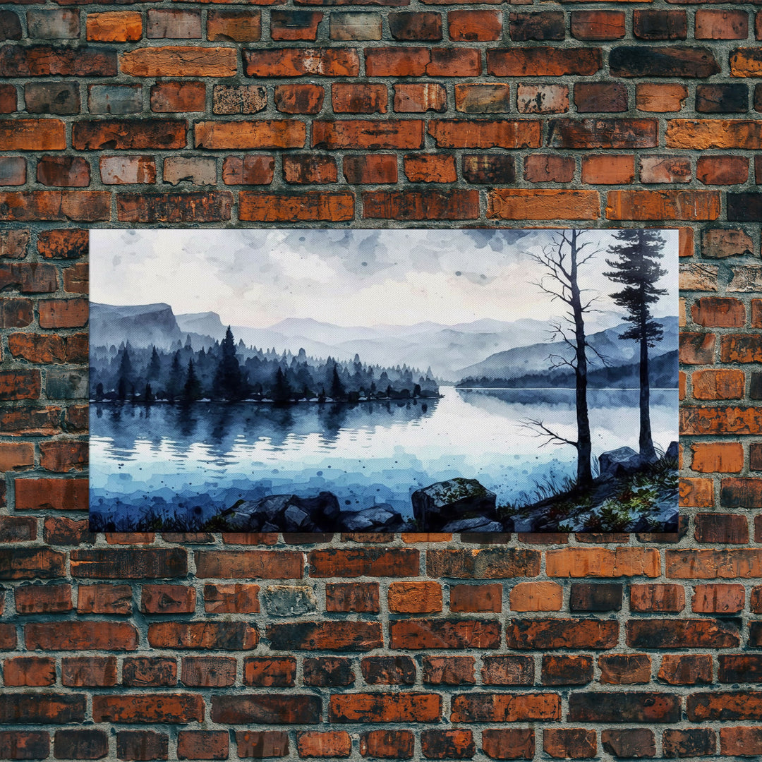 Blue Lagoon, Pacific Northwest Lake Art, Framed Canvas Print, Blue Wall Art, Watercolor Painting, Original Landscape Art Painting