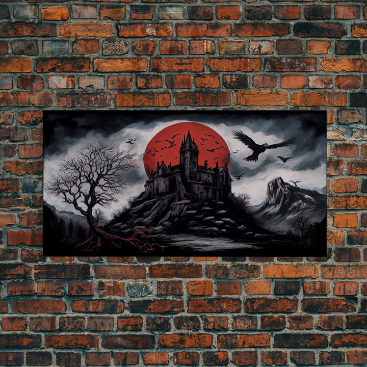 Horror Art, Haunted Castle and Blood Moon, Framed Canvas Print, Goth Art, Gothic Decor, Cool Wall Art