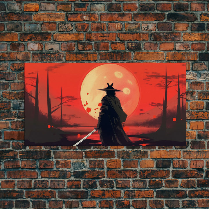 Mysterious Samurai and Blood Moon Print on Canvas, Framed Canvas Print, Modern Wall Art, Canvas Wall Set , Extra Large Wall Art, Warrior Art