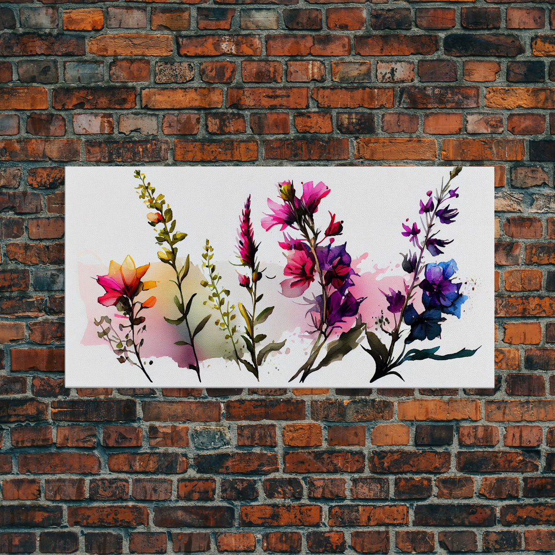 Colorful Wild Flowers On White Background, Framed Canvas Print, Watercolor Wall Art, Wall Decor, Floral Art, Pink Flowers, Mother's Day