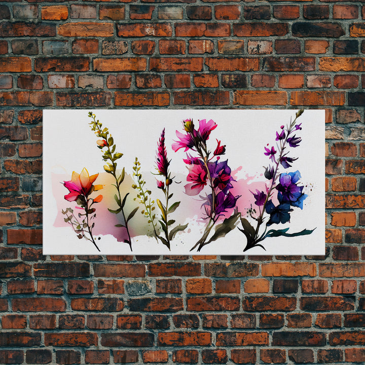 Colorful Wild Flowers On White Background, Framed Canvas Print, Watercolor Wall Art, Wall Decor, Floral Art, Pink Flowers, Mother's Day