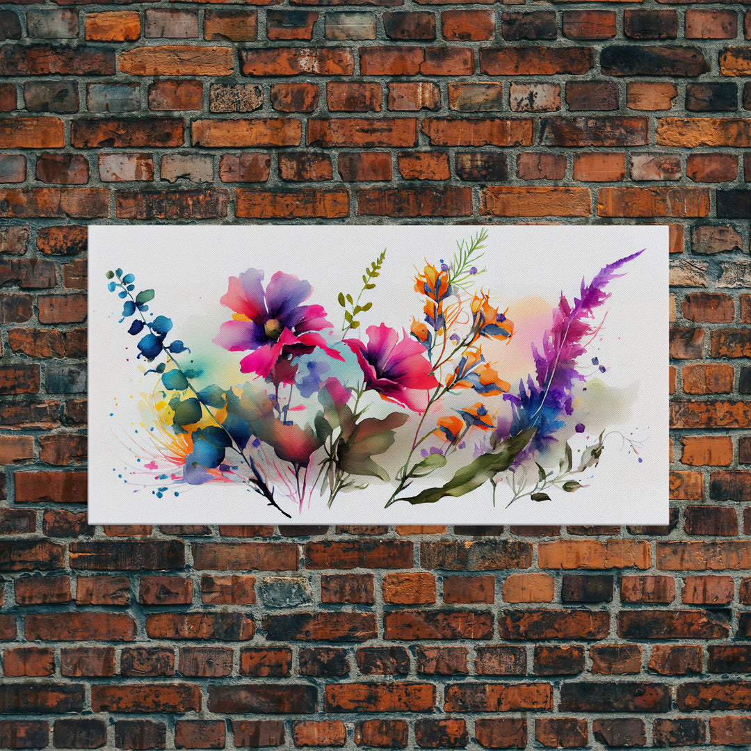 Pink Wild Flowers Wall Art, Framed Canvas Print, Mother's Day, Gift For Mom, Farmhouse Decor, Rustic Watercolor Painting White Background