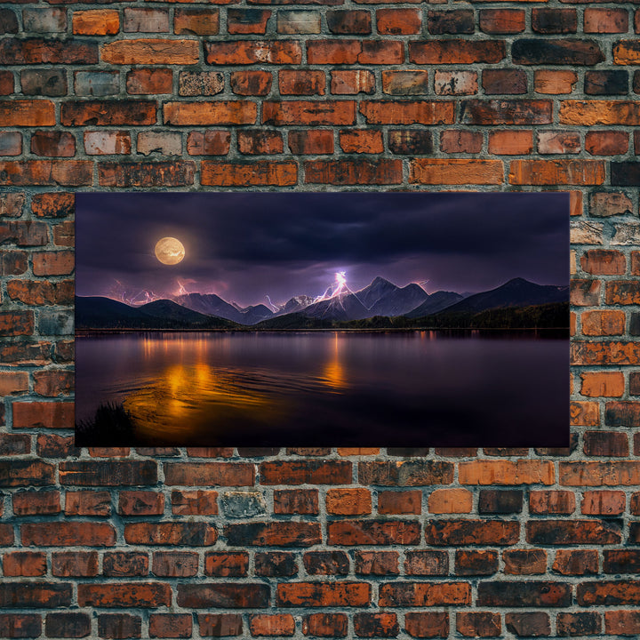 Full moon canvas print, Lightning storm over a mountain lake at night, cool wall art, awesome wall art
