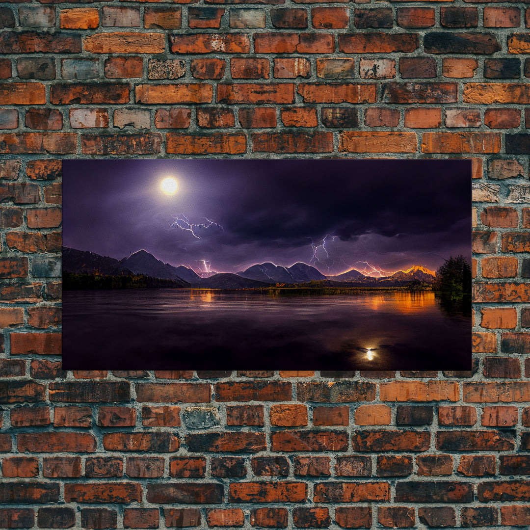 Full moon canvas print, Lightning storm over a mountain lake at night, cool wall art, awesome wall art