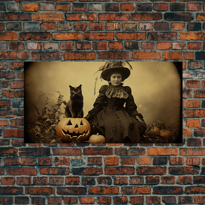 Spooky Halloween Art, Tin Type Photo Of A Witch and Her Black Cat, Witchy Decor, Canvas Print, Witch Girl, Dark Academia, Gothic Victorian